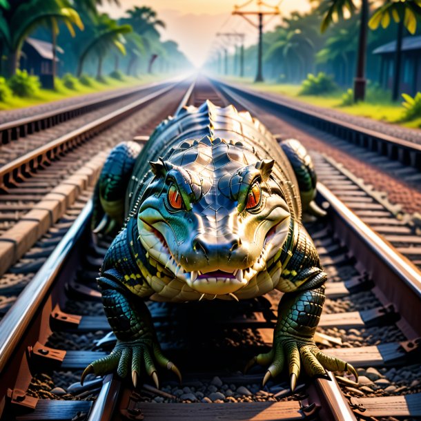 Picture of a playing of a alligator on the railway tracks