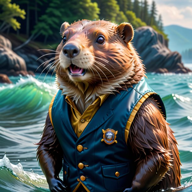 Picture of a beaver in a vest in the sea