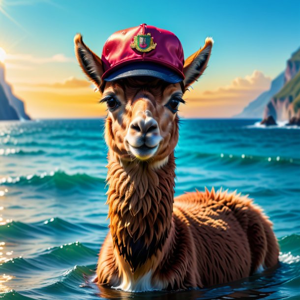 Image of a llama in a cap in the sea