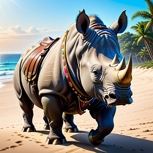 Drawing of a rhinoceros in a belt on the beach