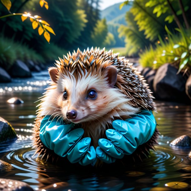 Pic of a hedgehog in a gloves in the river