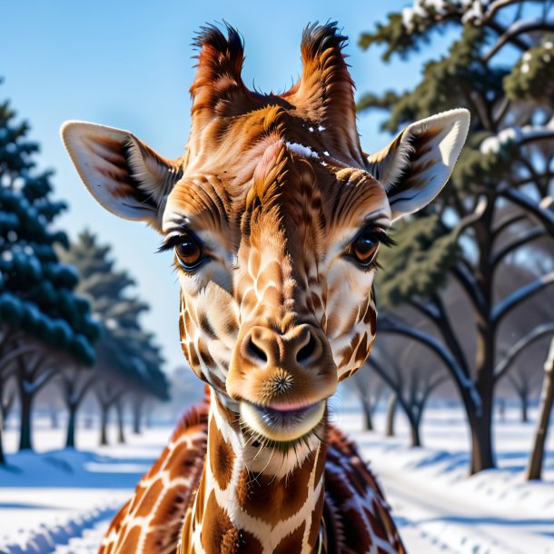 Image of a smiling of a giraffe in the snow