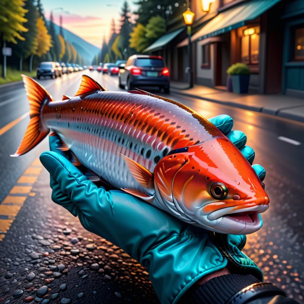 Drawing of a salmon in a gloves on the road