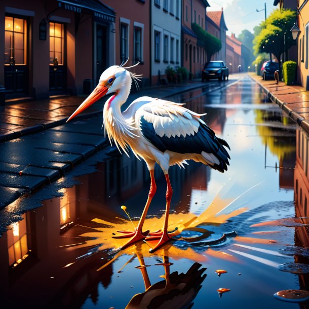 Illustration of a stork in a gloves in the puddle