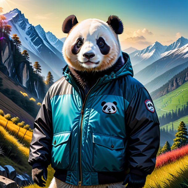 Photo of a giant panda in a jacket in the mountains