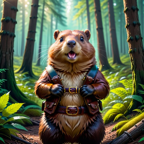 Picture of a beaver in a belt in the forest