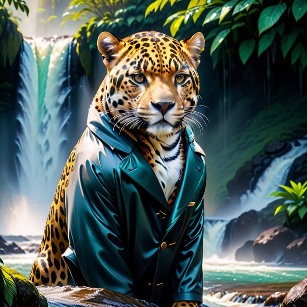 Foto de un jaguar en un abrigo en la cascada