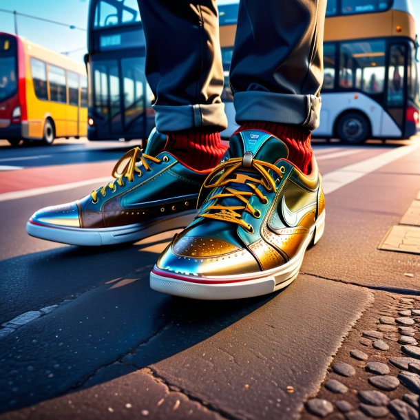 Foto de un lucio en un zapato en la parada de autobús