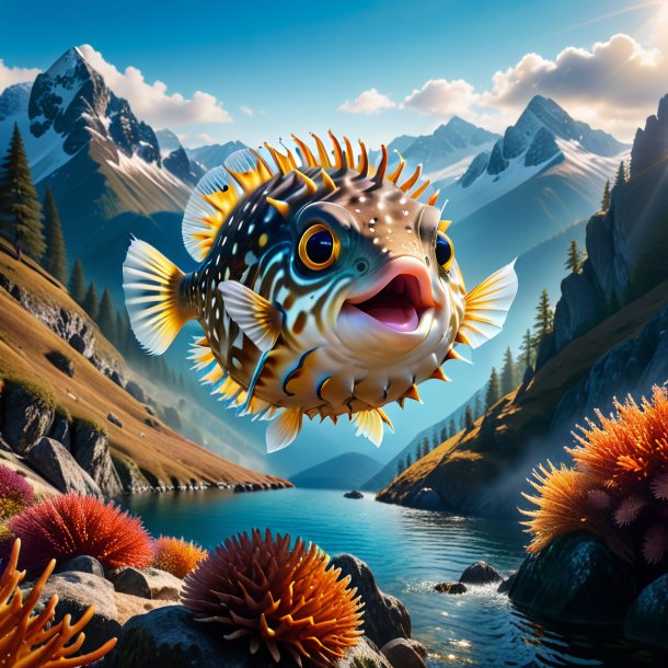 Photo of a jumping of a pufferfish in the mountains