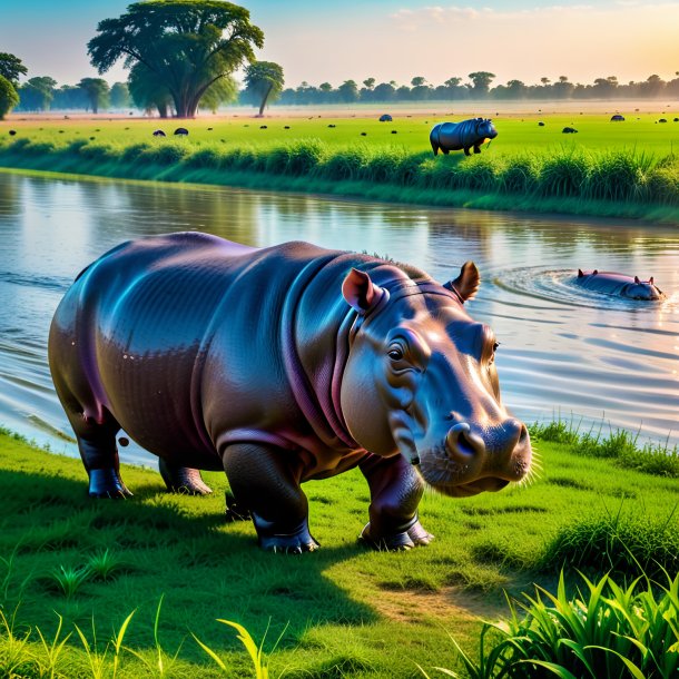 Photo of a swimming of a hippopotamus on the field