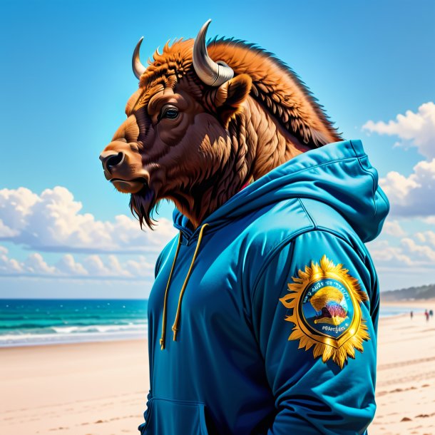 Picture of a bison in a hoodie on the beach