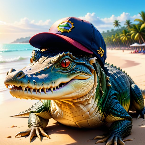 Dessin d'un crocodile dans une casquette sur la plage