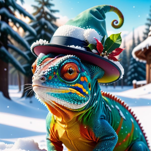 Pic of a chameleon in a hat in the snow