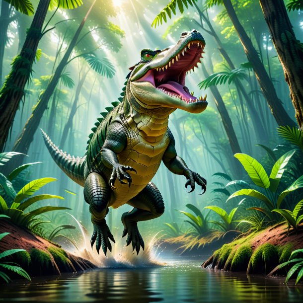 Image of a jumping of a crocodile in the forest