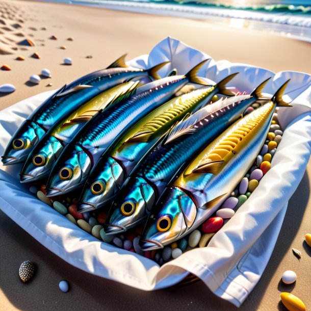 Ilustração de uma sardinha em um casaco na praia