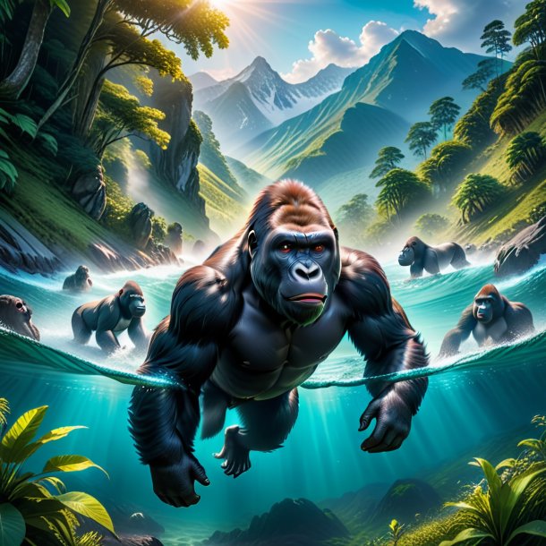 Photo of a swimming of a gorilla in the mountains