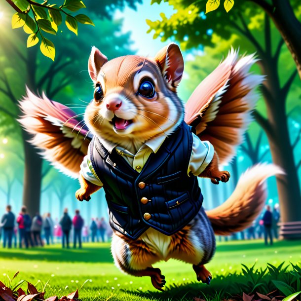 Illustration of a flying squirrel in a vest in the park