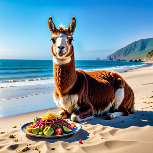 Imagem de um comer de uma lhama na praia