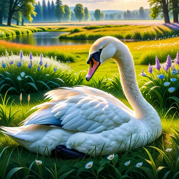 Pic of a sleeping of a swan in the meadow