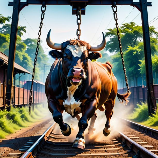 Picture of a swinging on a swing of a bull on the railway tracks