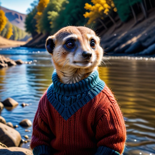 Foto de una suricata en un suéter en el río