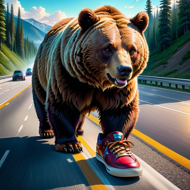 Dessin d'un ours dans une chaussure sur l'autoroute