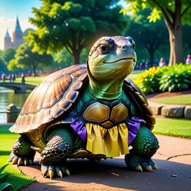 Picture of a turtle in a skirt in the park