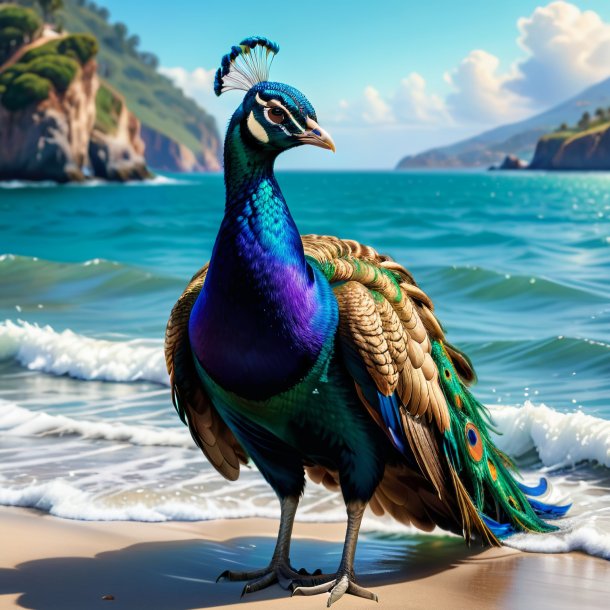 Foto de un pavo real en un suéter en el mar