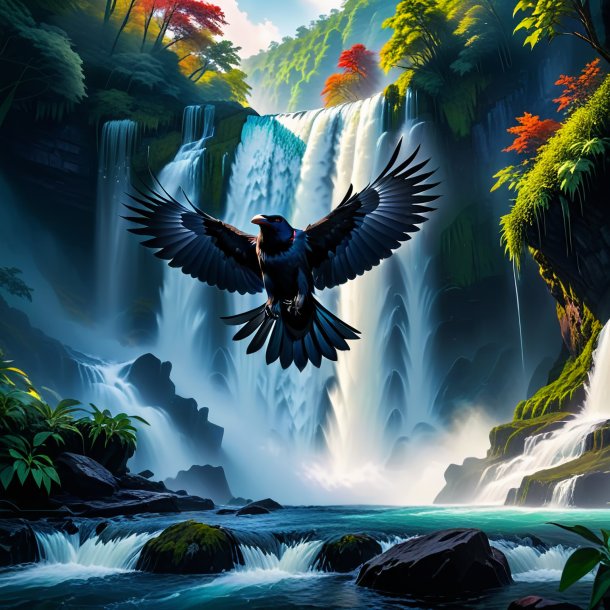 Photo of a threatening of a crow in the waterfall