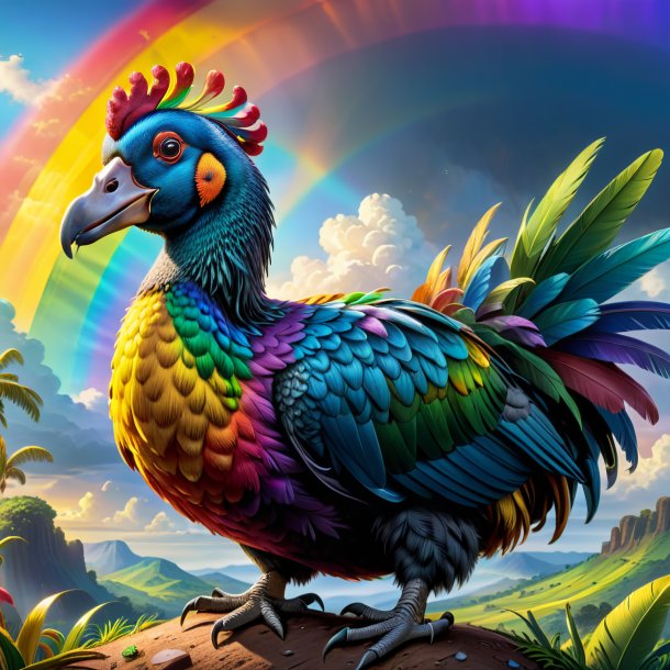 Drawing of a dodo in a belt on the rainbow