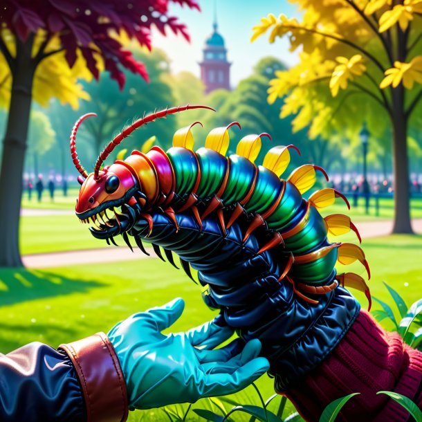 Illustration of a centipede in a gloves in the park