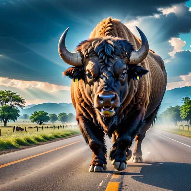 Image of a angry of a buffalo on the road