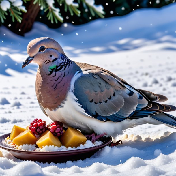 Foto de un comer de una paloma en la nieve