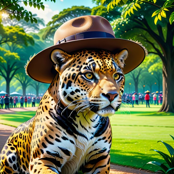 Drawing of a jaguar in a hat in the park