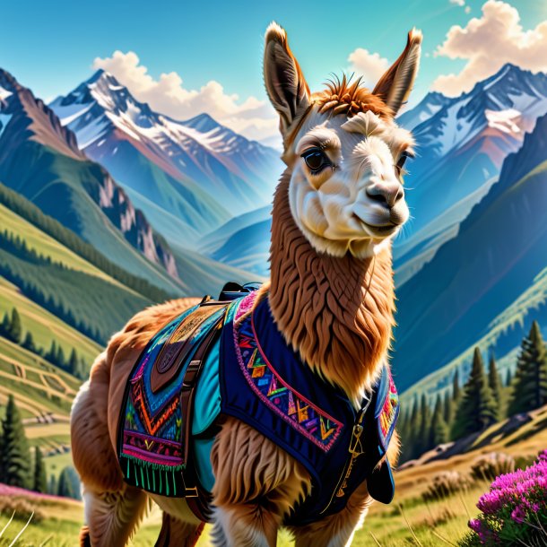 Drawing of a llama in a vest in the mountains