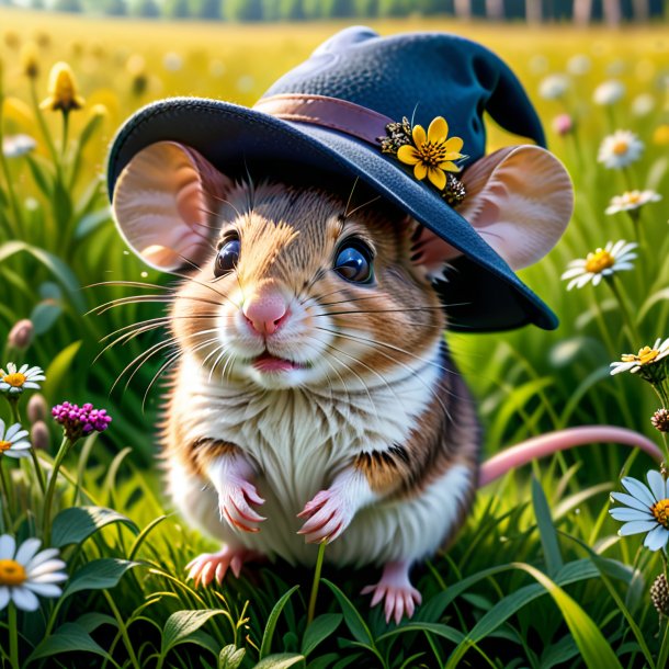 Pic d'une souris dans un chapeau dans la prairie