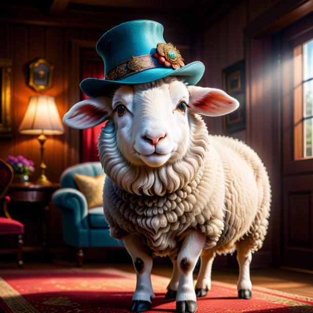 Illustration of a sheep in a hat in the house