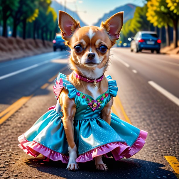 Picture of a chihuahua in a dress on the road