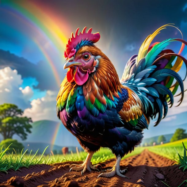 Foto de una gallina enojada en el arco iris