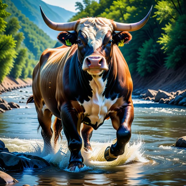 Photo of a bull in a trousers in the river