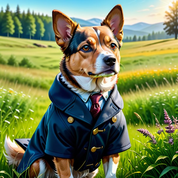 Illustration of a dog in a coat in the meadow