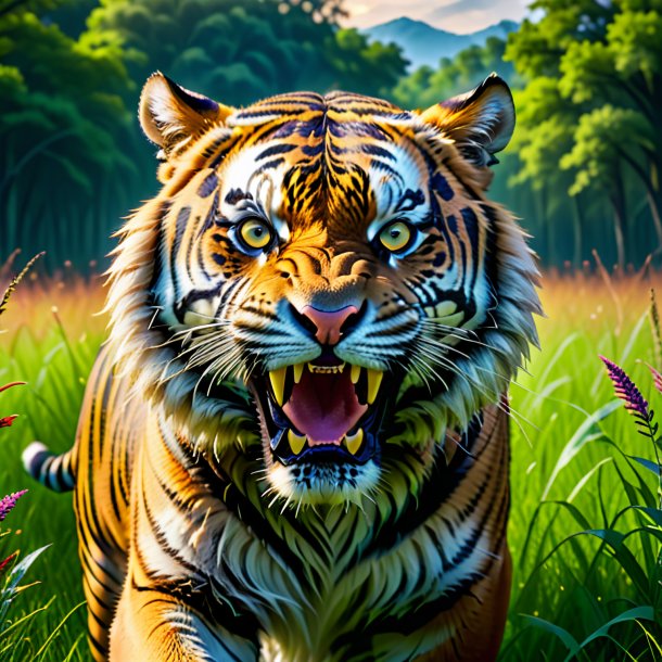 Image of a threatening of a tiger in the meadow