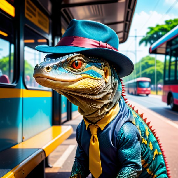 Foto de un lagarto monitor en un sombrero en la parada de autobús