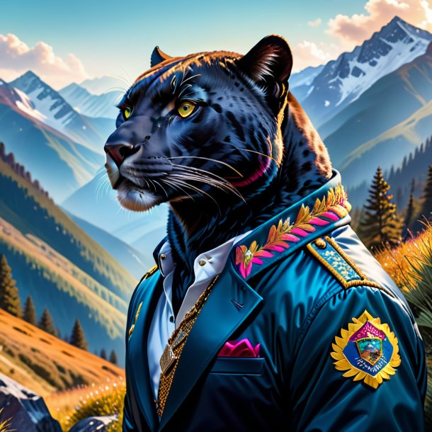 Image of a panther in a jacket in the mountains