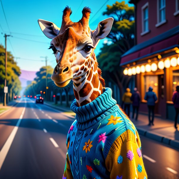 Drawing of a giraffe in a sweater on the road