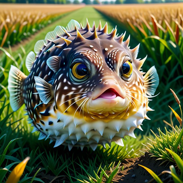 Drawing of a pufferfish in a coat on the field