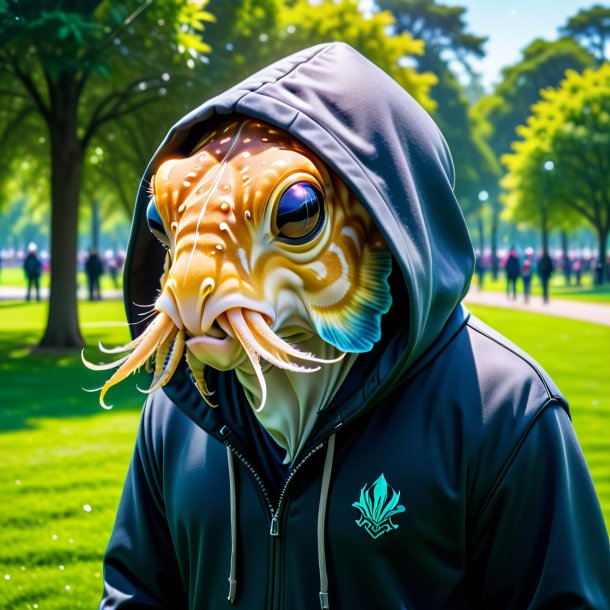 Image of a cuttlefish in a hoodie in the park