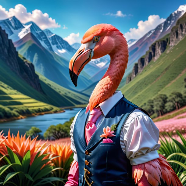 Picture of a flamingo in a vest in the mountains