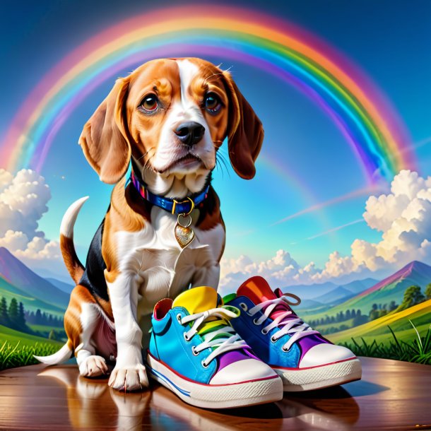 Image of a beagle in a shoes on the rainbow