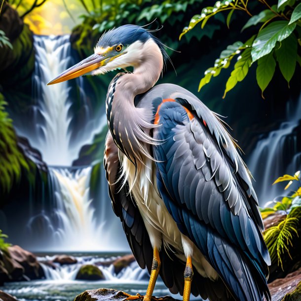 Photo of a heron in a jacket in the waterfall